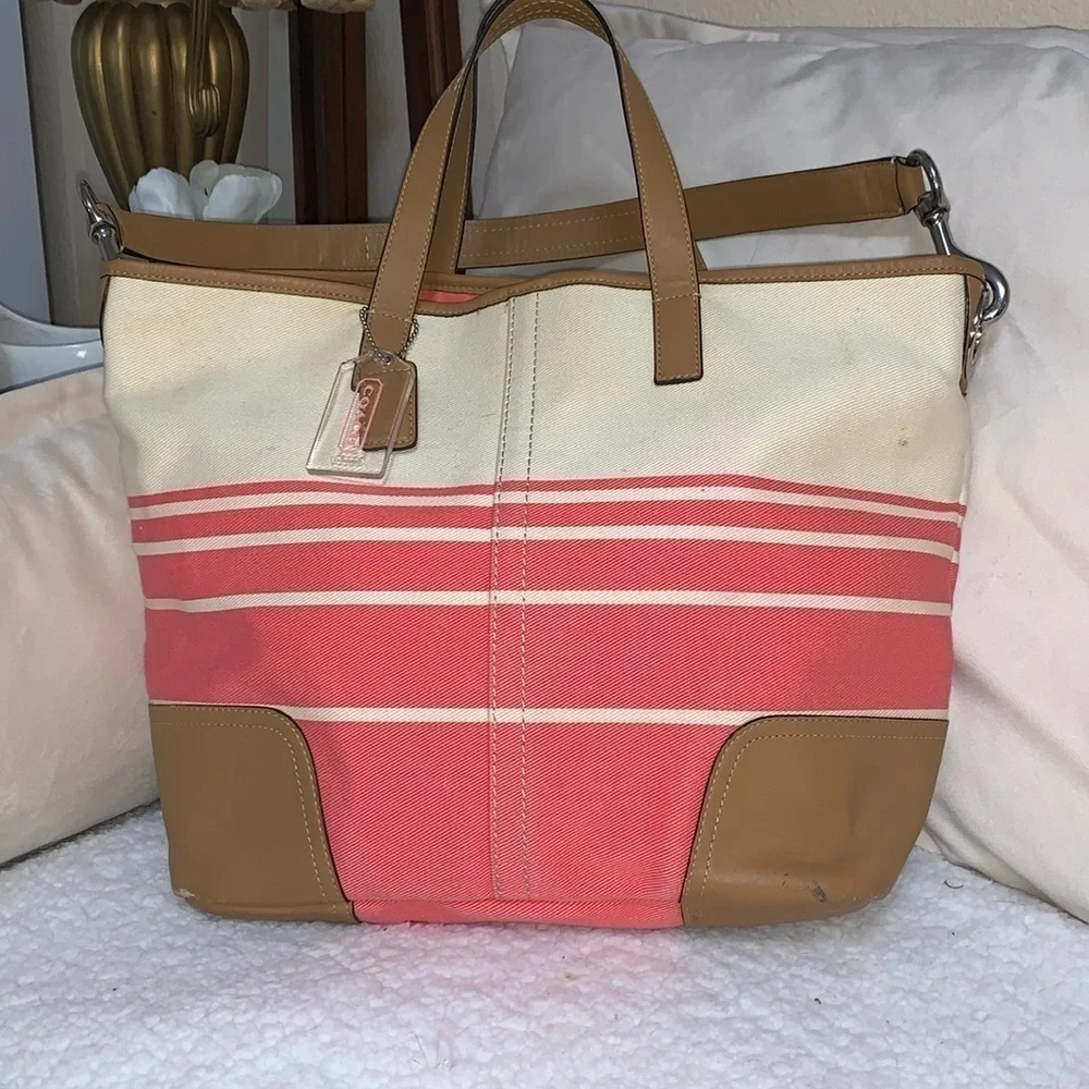 Coach Hadley Variegated coral and beige striped coach tote